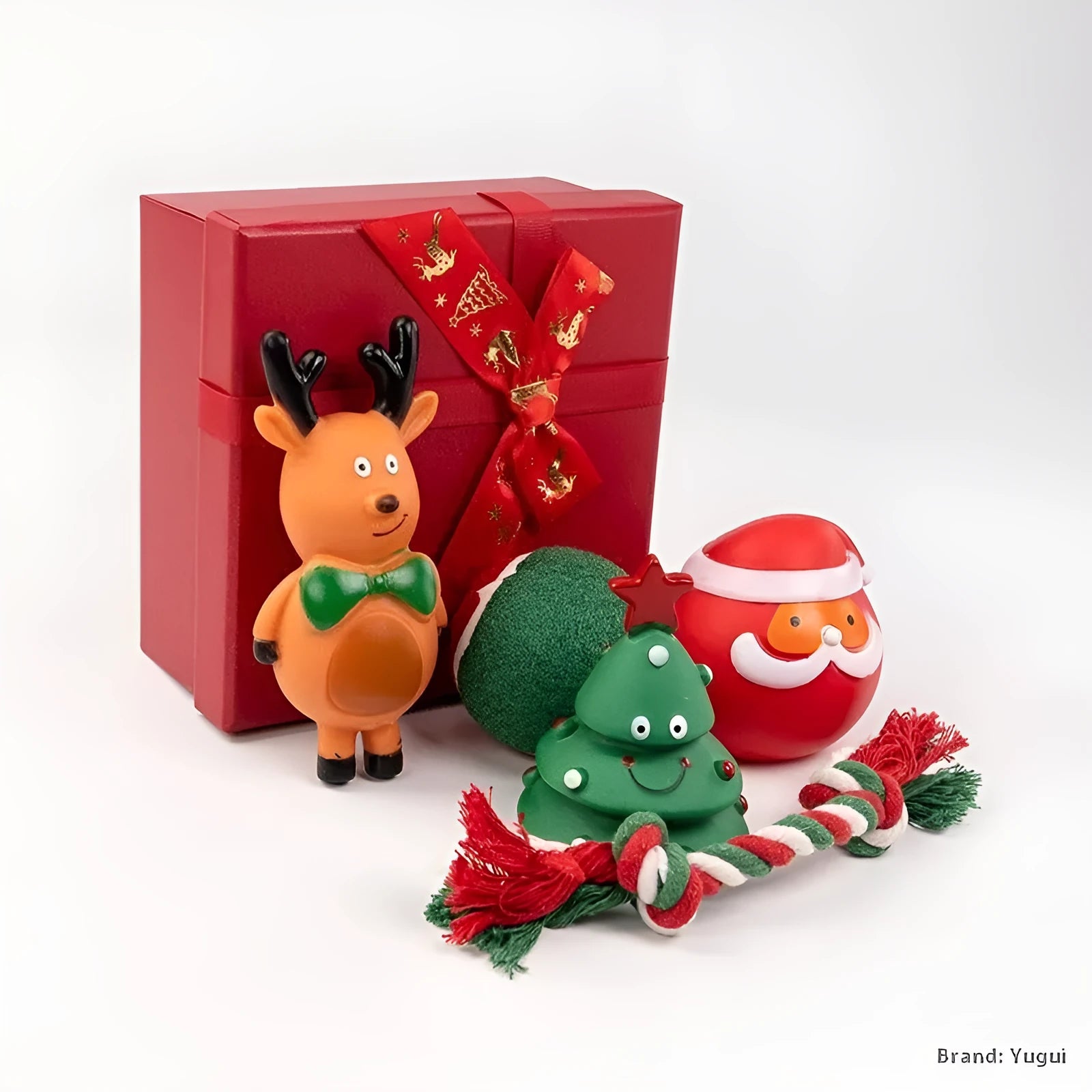 Christmas vinyl dog chew toys gift sets with festive designs including trees, Santa heads, and bite ropes