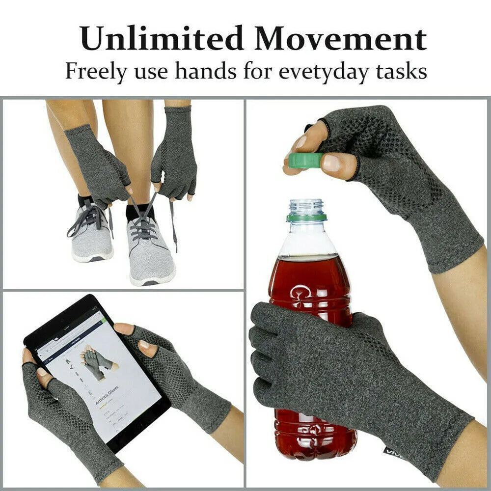 Grey half-finger compression gloves with anti-slip palm on a flat surface.