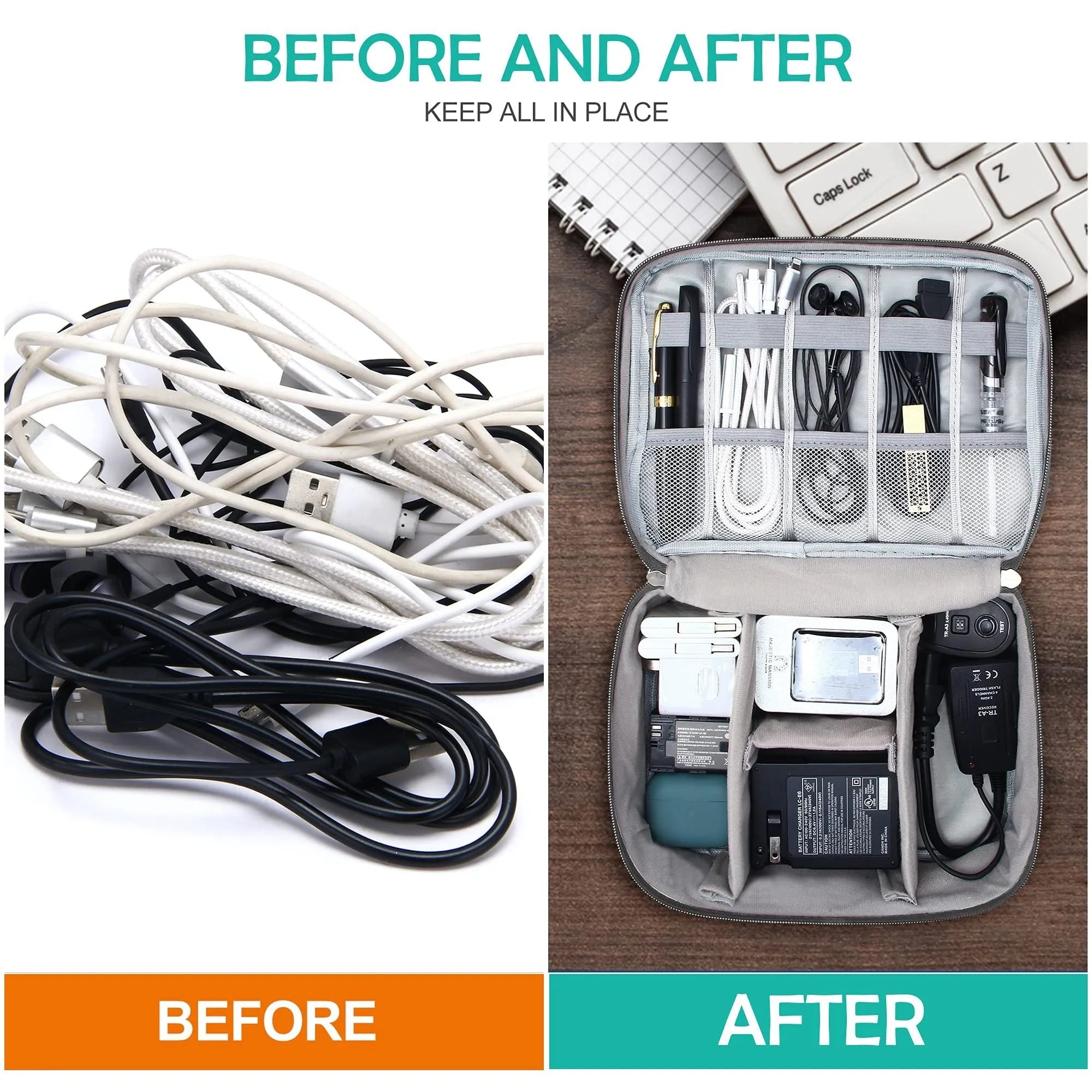Black waterproof electronic cable organiser bag open to show mesh pockets, elastic loops, and removable padded dividers.