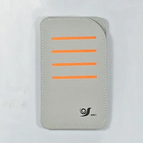 Grey car dashboard storage bag with 4 card slots and clear plastic window mounted on vehicle windscreen