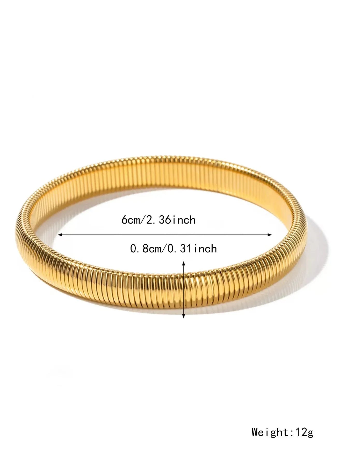 Women's vertical stripe ring titanium steel bracelet in gold and silver colours showing elastic construction.