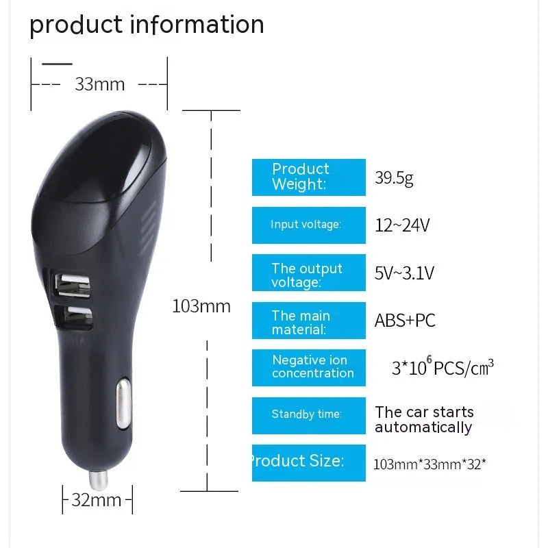 White car USB charger with integrated negative ion air purifier for vehicle cigarette lighter sockets