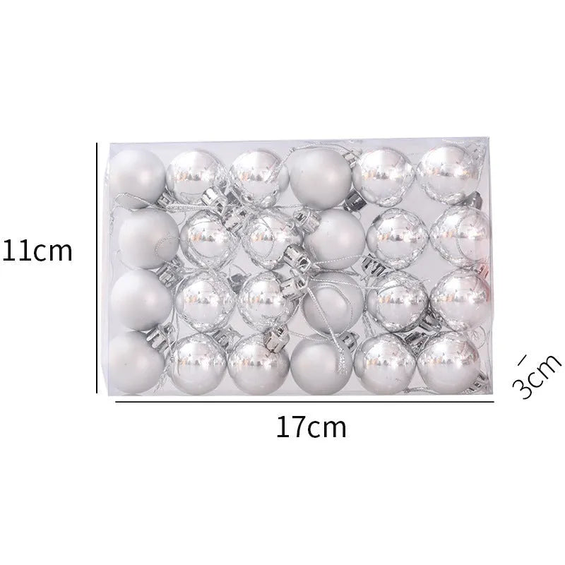 Boxed set of 24 plastic Christmas tree decorations in gold, silver, red, green, champagne gold, and rose gold.