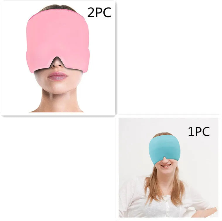 Black elastic cloth gel cooling eye mask for headache relief, shown with adjustable strap.