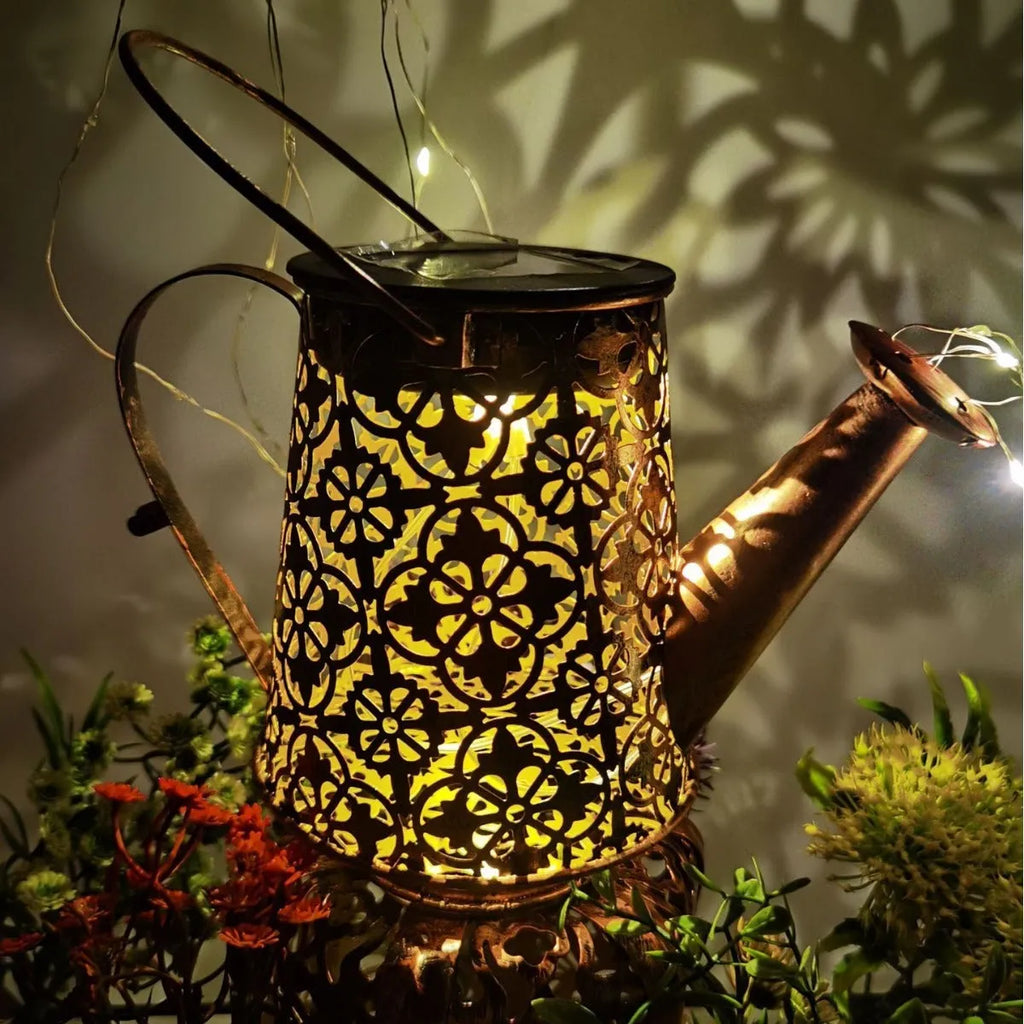Solar powered wrought iron butterfly kettle garden light with decorative design for courtyard placement