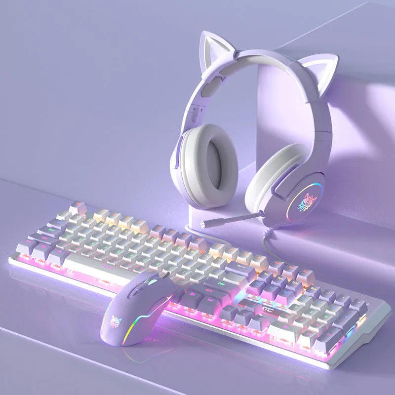 Purple and white mechanical keyboard and mouse wired set with backlight illumination