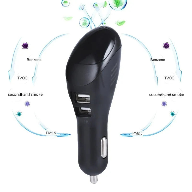 White car USB charger with integrated negative ion air purifier for vehicle cigarette lighter sockets