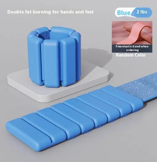 Velcro silicone fitness bracelet with detachable weight in black, blue, gray, or pink.