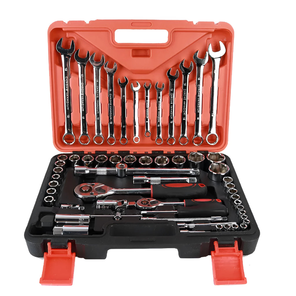 61-piece auto repair socket and wrench set with chrome vanadium steel tools in storage box