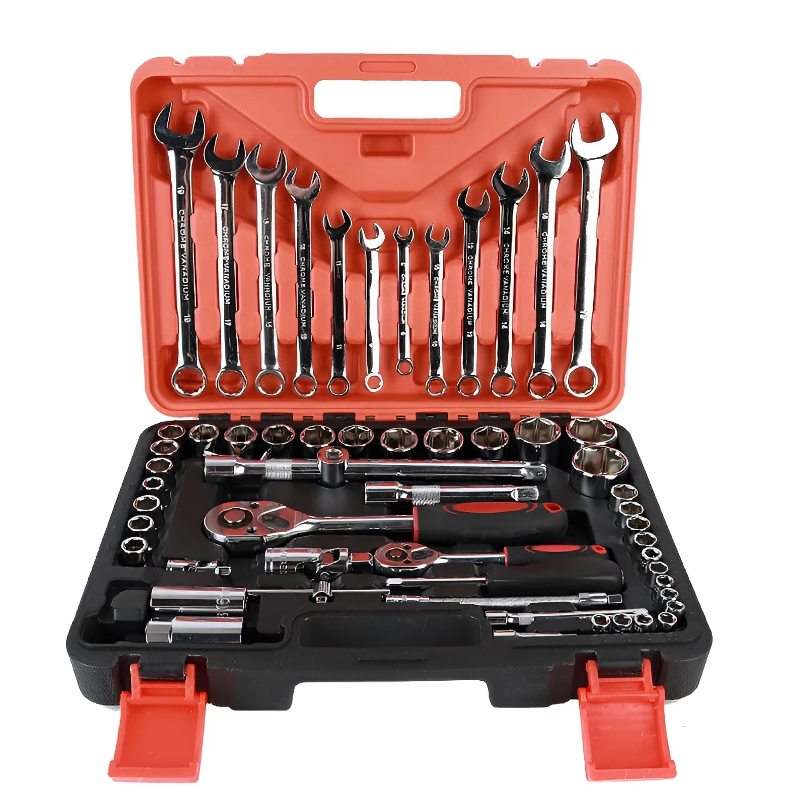 61-piece auto repair socket and wrench set with chrome vanadium steel tools in storage box