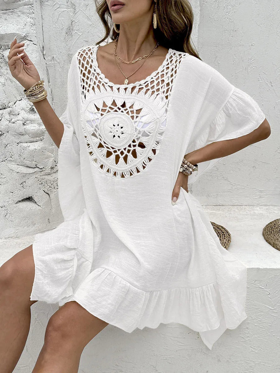 Crochet stitch detail on a patchwork skirt beach dress swimsuit cover-up.