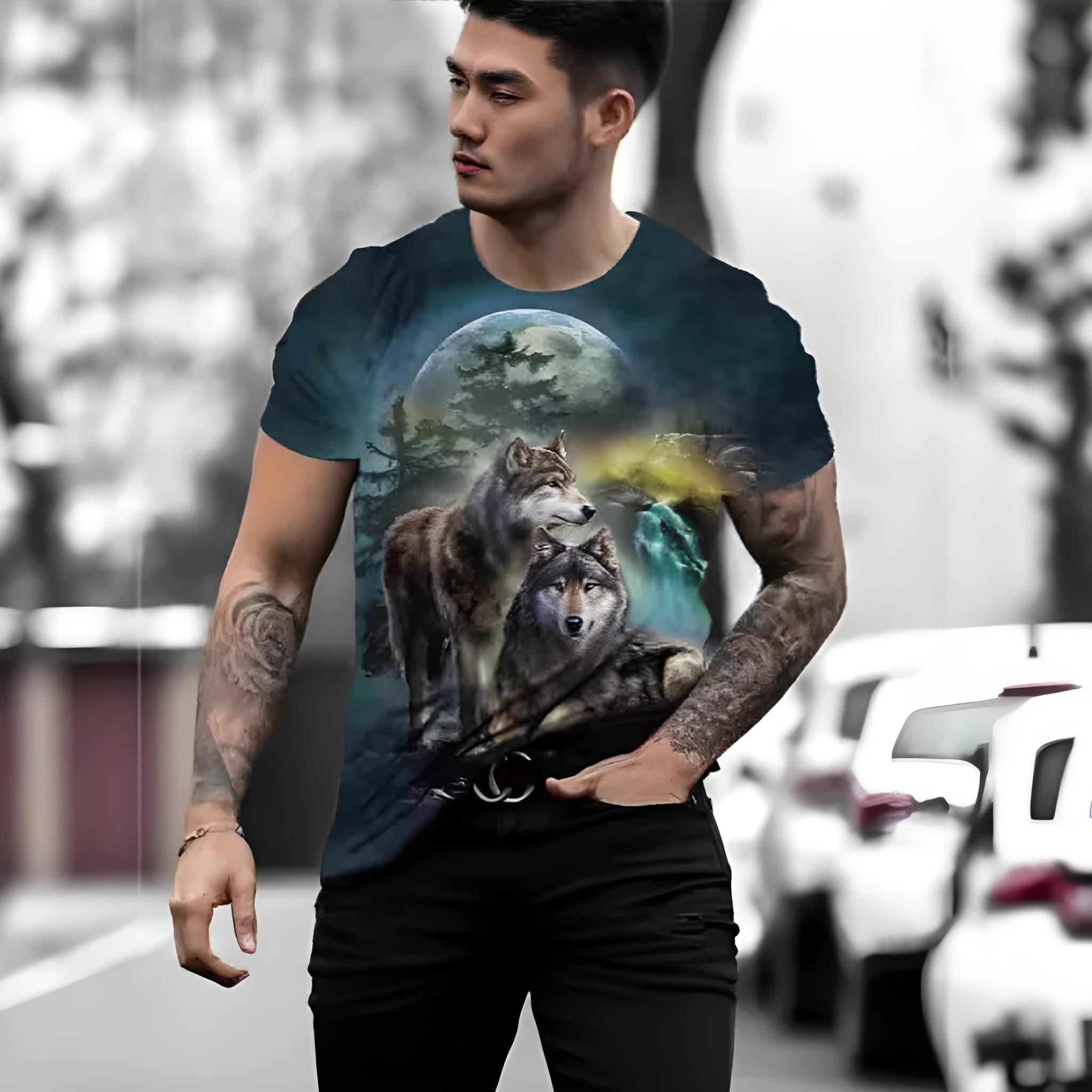 Men's retro style 3D animal print short sleeve t-shirt on a hanger