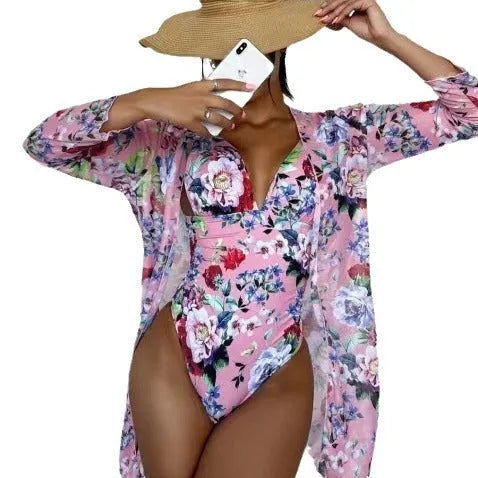 Women's floral three-piece bikini set with coat in various colours including green pink and blue