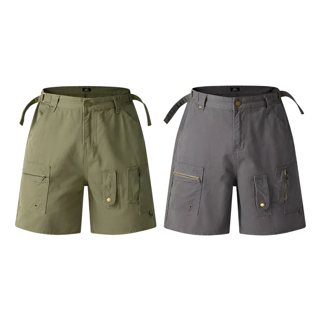 Retro loose-fit workwear shorts in washed cotton fabric with a zipper fly, shown in camouflage colour.