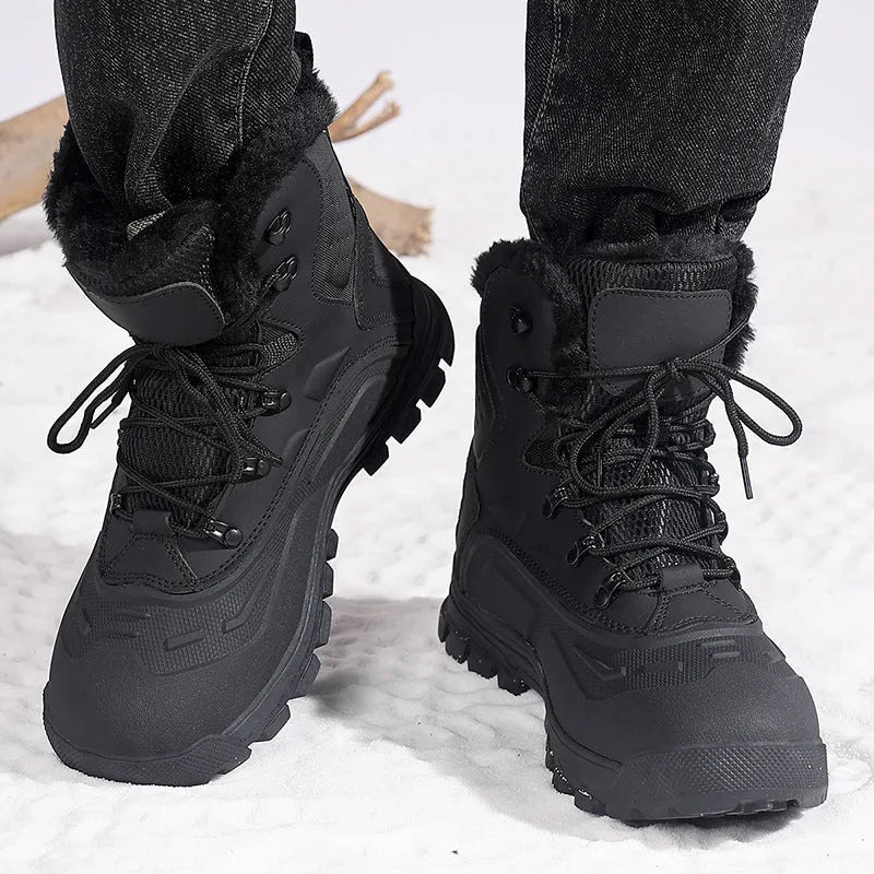 Black fleece-lined men's high-top boots with tall crown and lace-up front