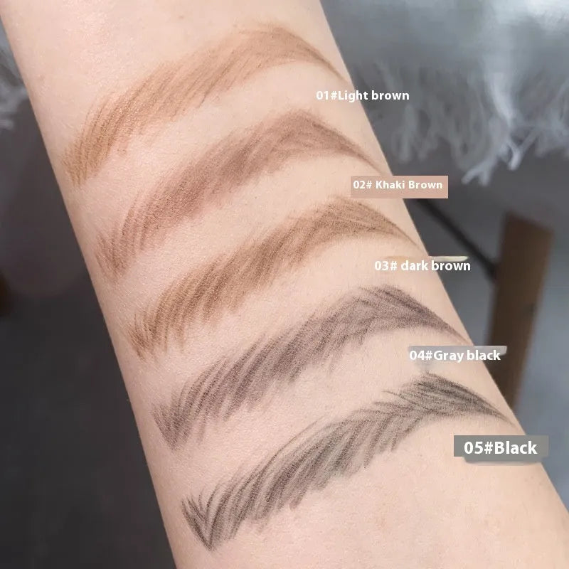 Gold ultra-fine eyebrow pencil showing five colour shades: light brown, kaki brown, dark brown, grey black, black