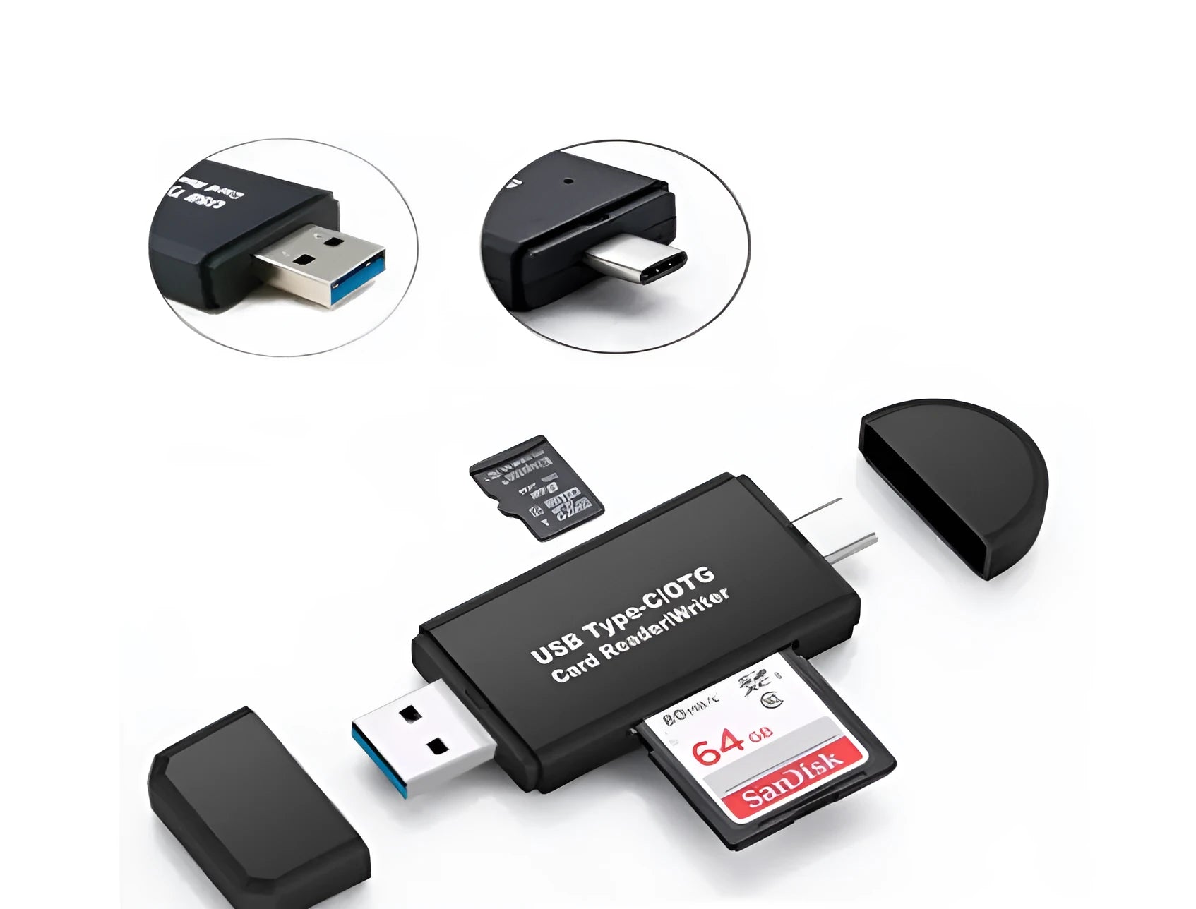 Black USB 3.0 memory card reader with Type-C connector for SD and TF cards