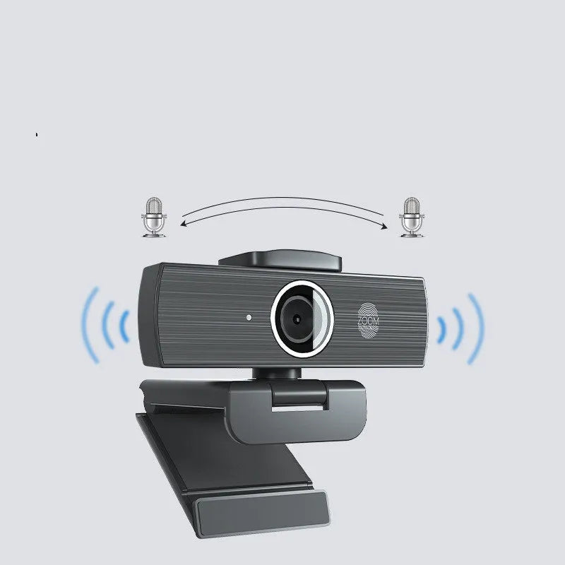 Black USB webcam with magnetic privacy cover showing 4K resolution and 60fps specifications