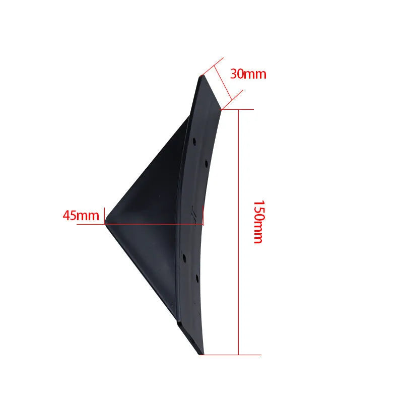 Black ABS plastic triangle car rear spoiler measuring 15cm wide, shown with adhesive and screws.