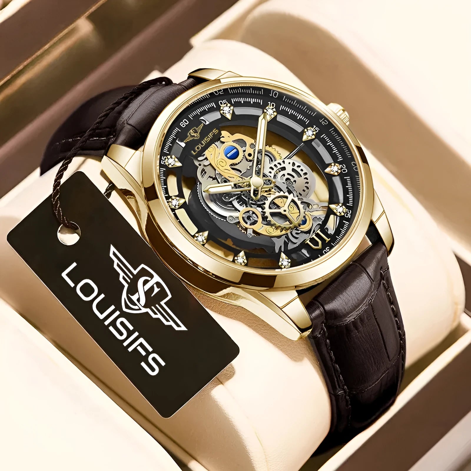 Men's Swiss quartz watch with double-sided hollow design, gold case and brown leather strap