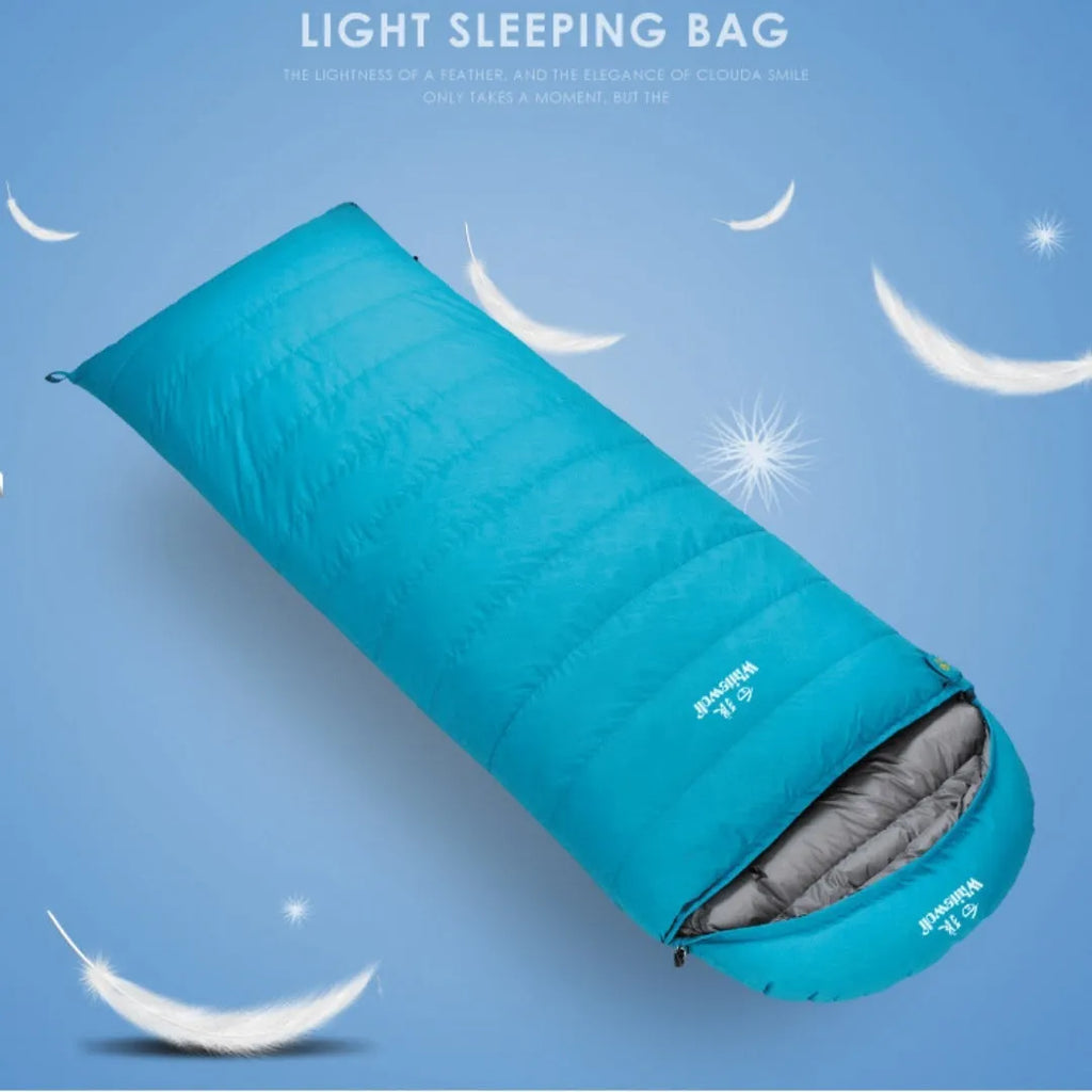 Black outdoor sleeping bag with envelope structure and white goose down filling