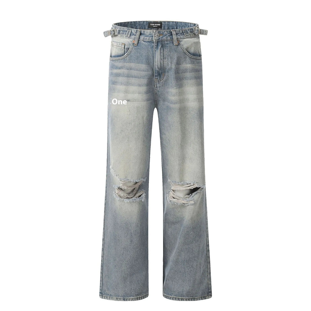 Blue retro straight-leg jeans with distressed detailing and adjustable waistband