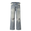 Blue retro straight-leg jeans with distressed detailing and adjustable waistband