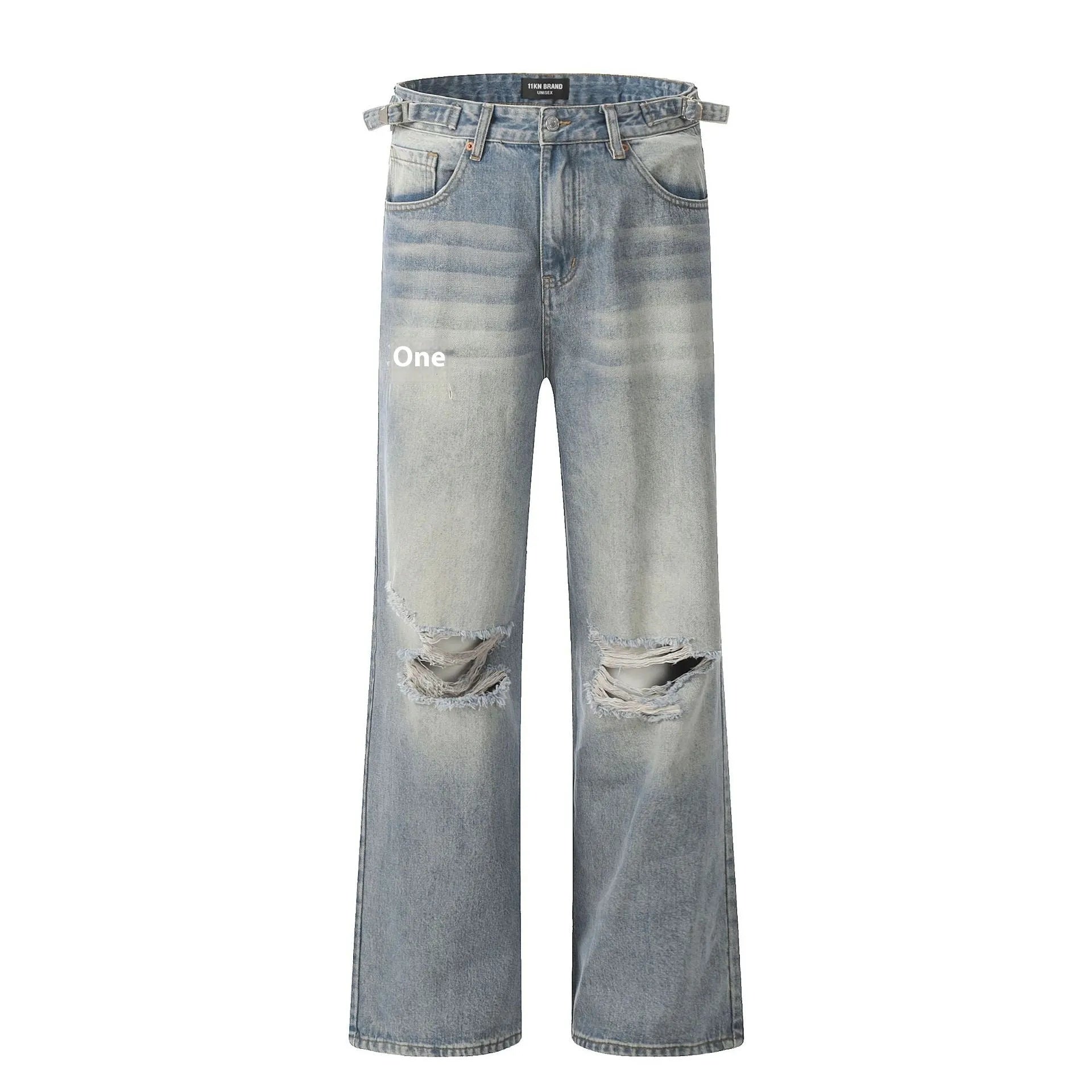 Blue retro straight-leg jeans with distressed detailing and adjustable waistband