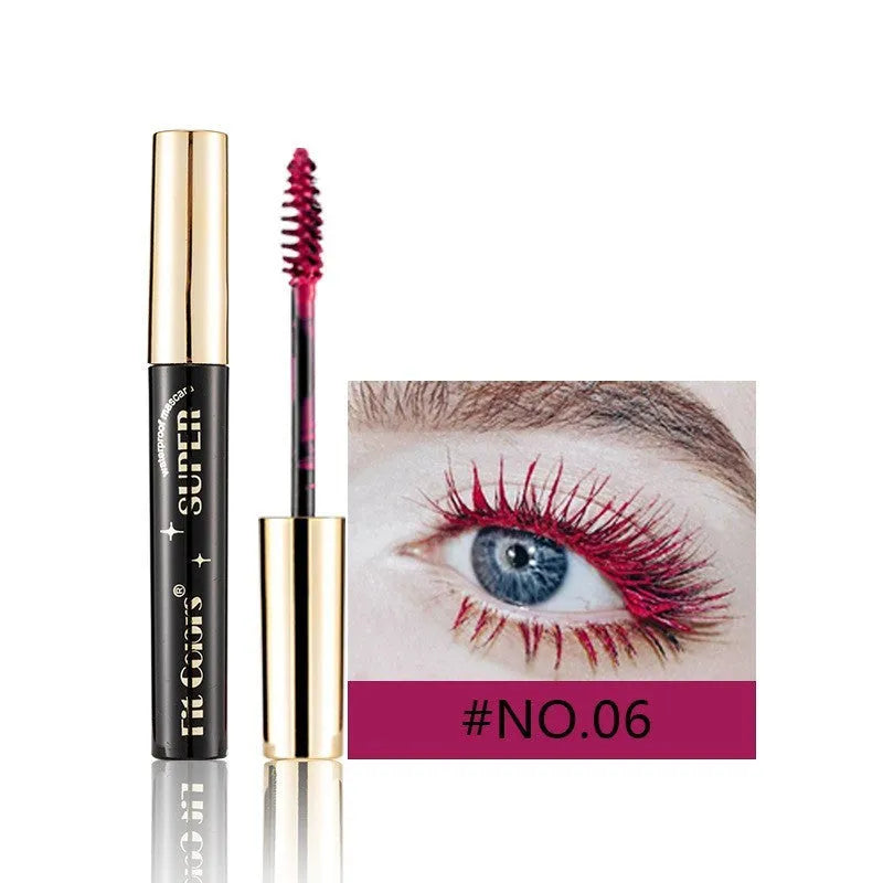 Colourful waterproof mascara tube displaying vibrant shades like wine red, gold, and mermaid green for stage and event makeup.