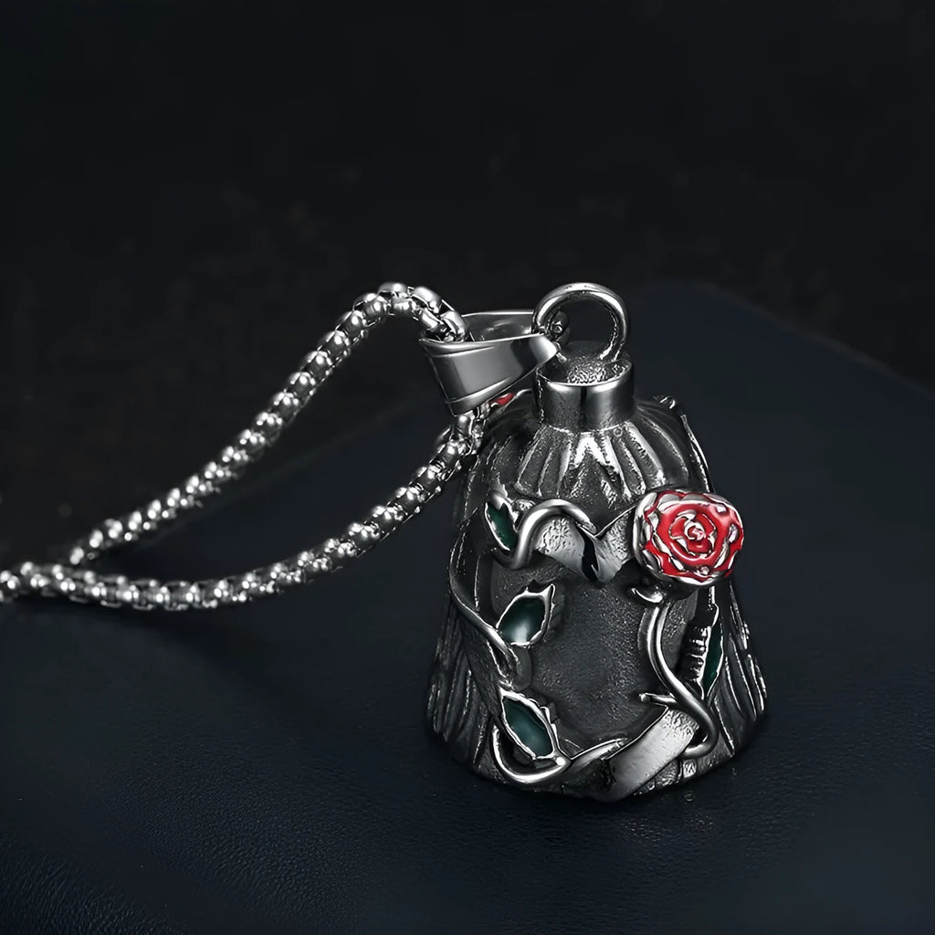 Titanium steel motorcycle lucky bell with polished vintage finish and double-sided epoxy rose design