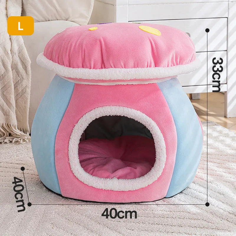 Mushroom-shaped plush cat bed in grey, pink, or purple colours with thermal construction