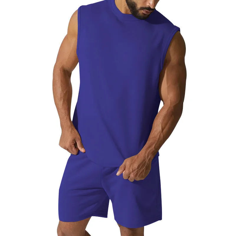 Men's sleeveless cotton-blend sports top and shorts set in a solid colour