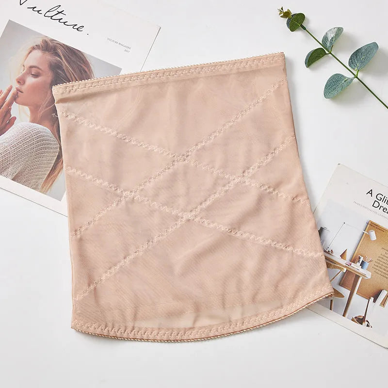 Thin mesh belly band body sculpting strap in black or skin color for postpartum waist trimming
