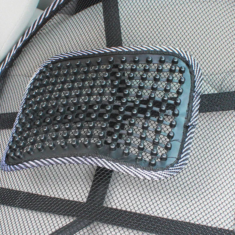 Black car lumbar support pillow showing dimensions of 41cm by 39cm with steel frame construction