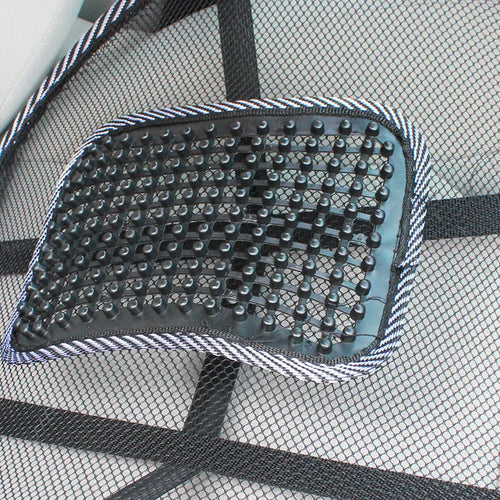 Black car lumbar support pillow showing dimensions of 41cm by 39cm with steel frame construction