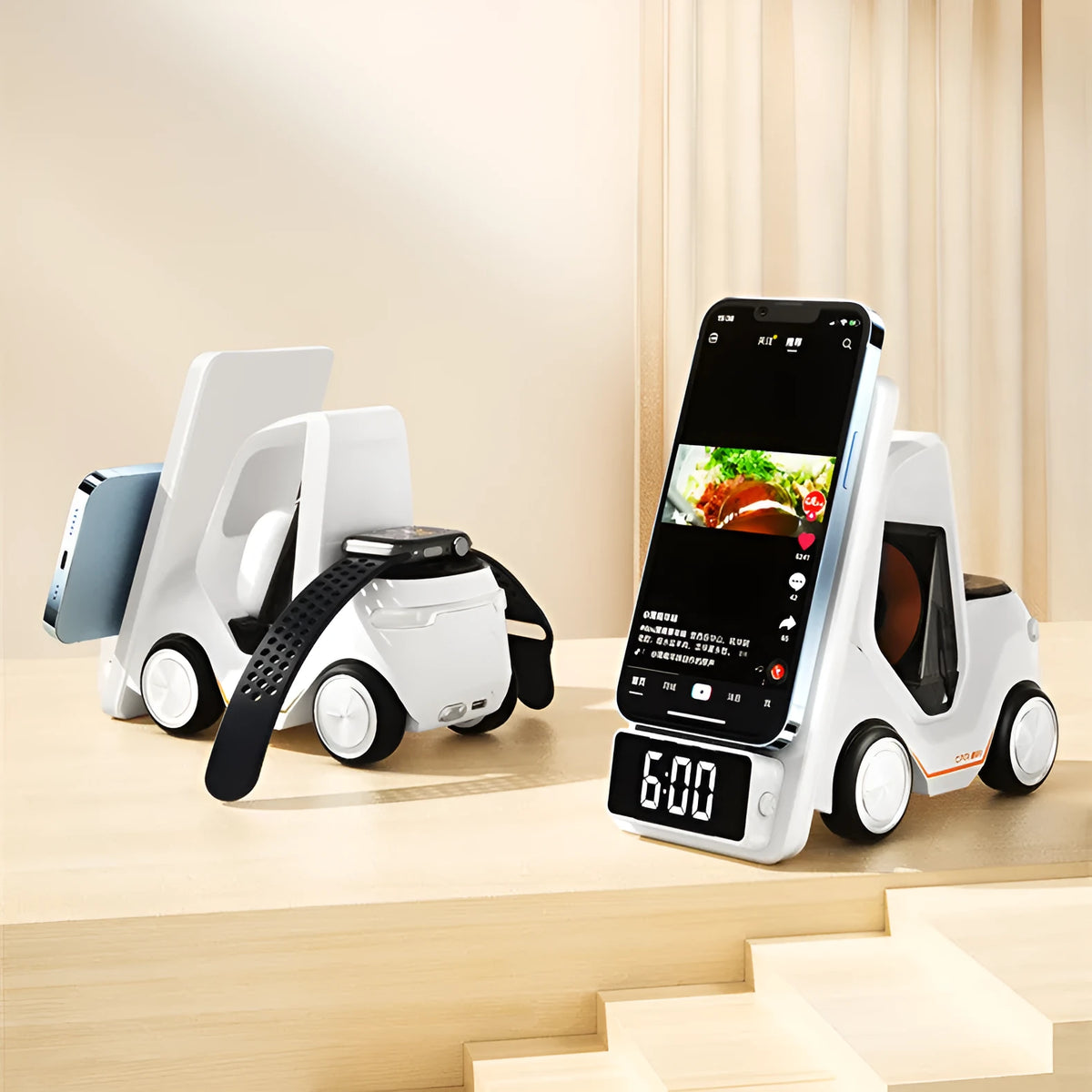 Grey, white, yellow, and orange 15W three-in-one wireless fast charging stand on a desk