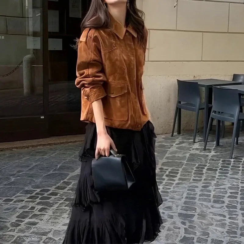 Women's brown polyester suede coat with regular sleeves in street chic style
