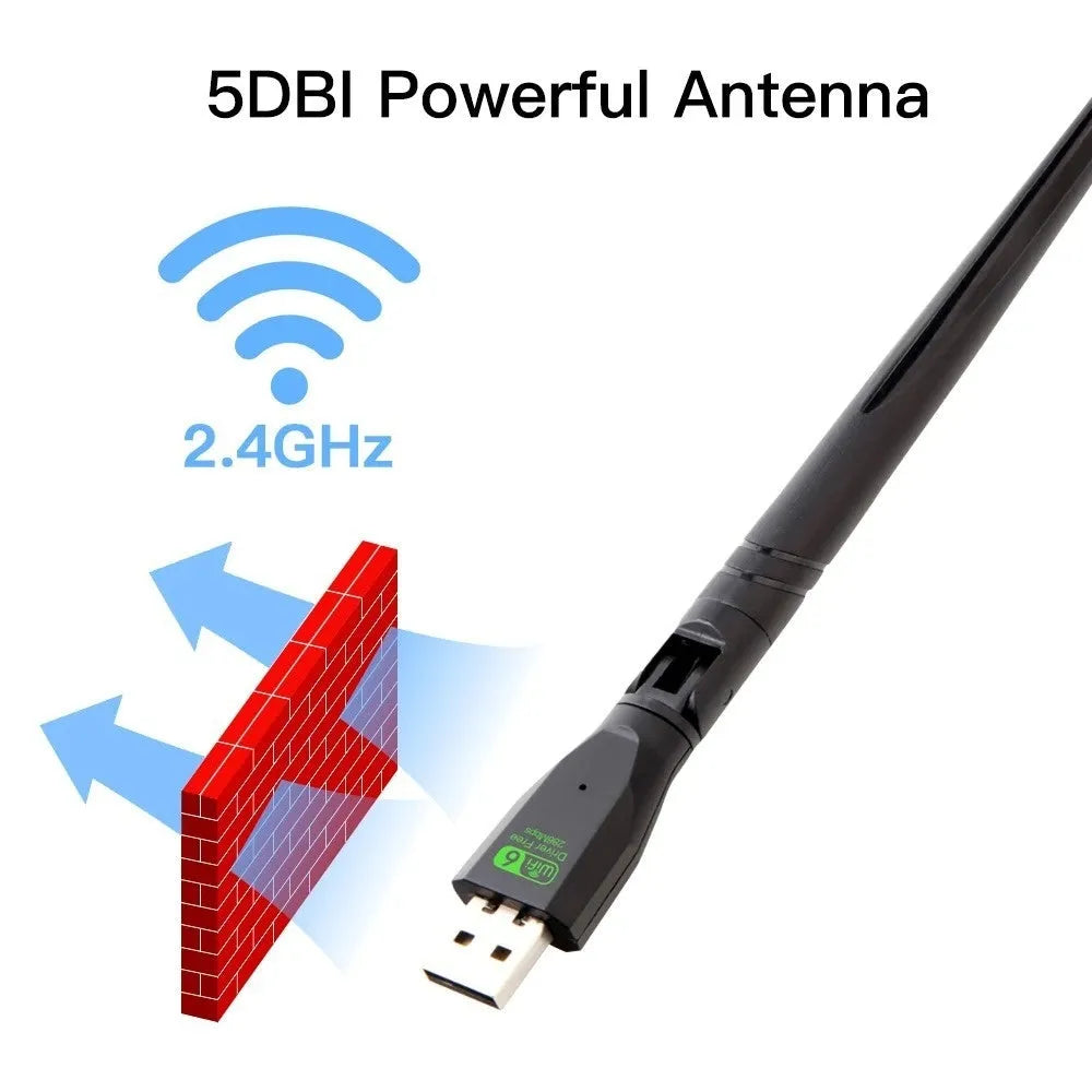 Black USB WiFi6 wireless network card with driver-free operation for Windows PC laptop connectivity