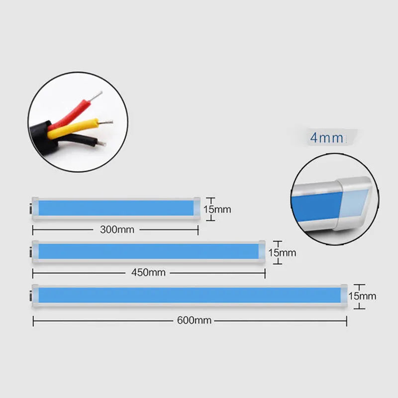 Flexible silicone car LED light strip showing daytime running light and flowing turn signal function in blue to yellow.