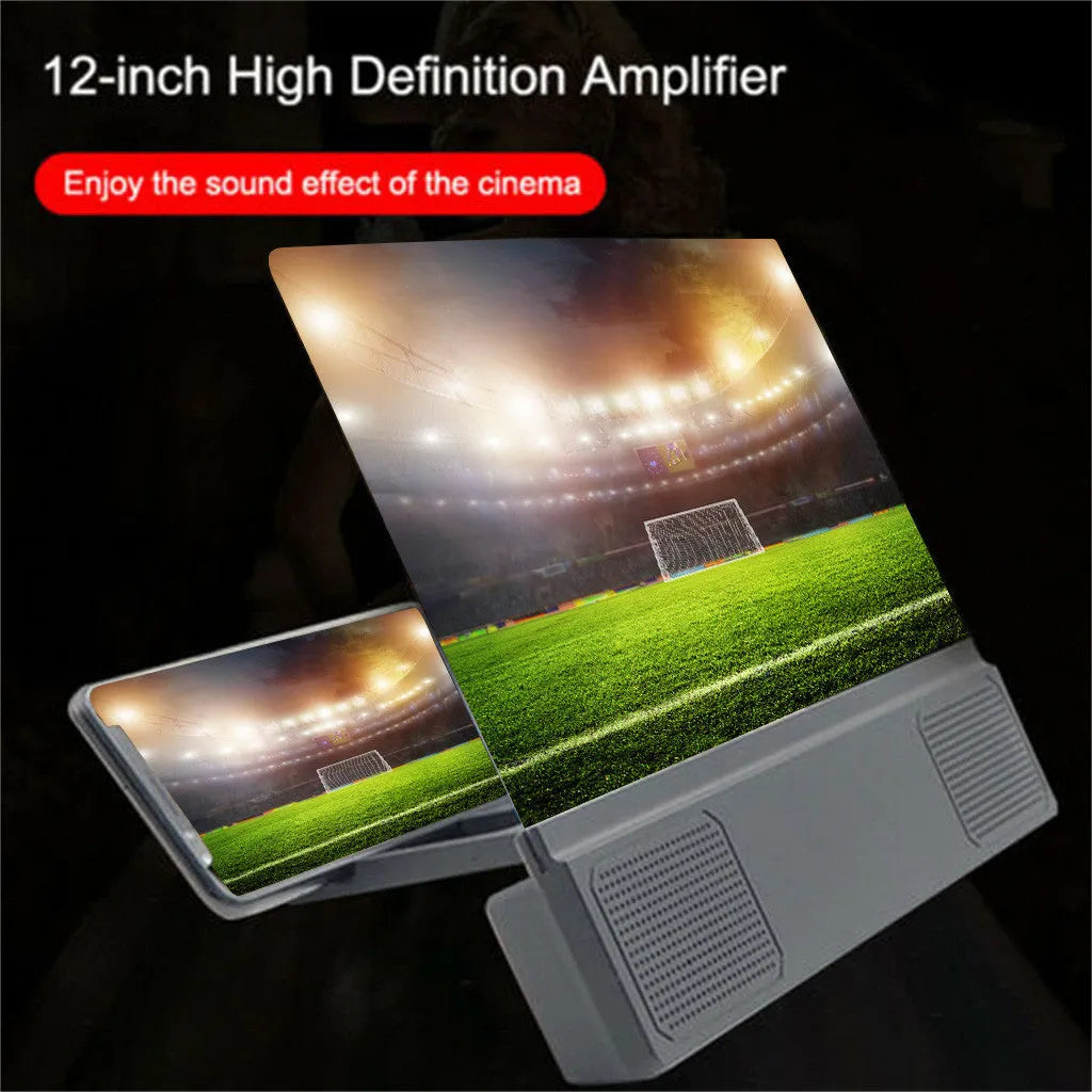12-inch mobile phone screen amplifier with adjustable gooseneck stand and built-in speakers showing phone magnification