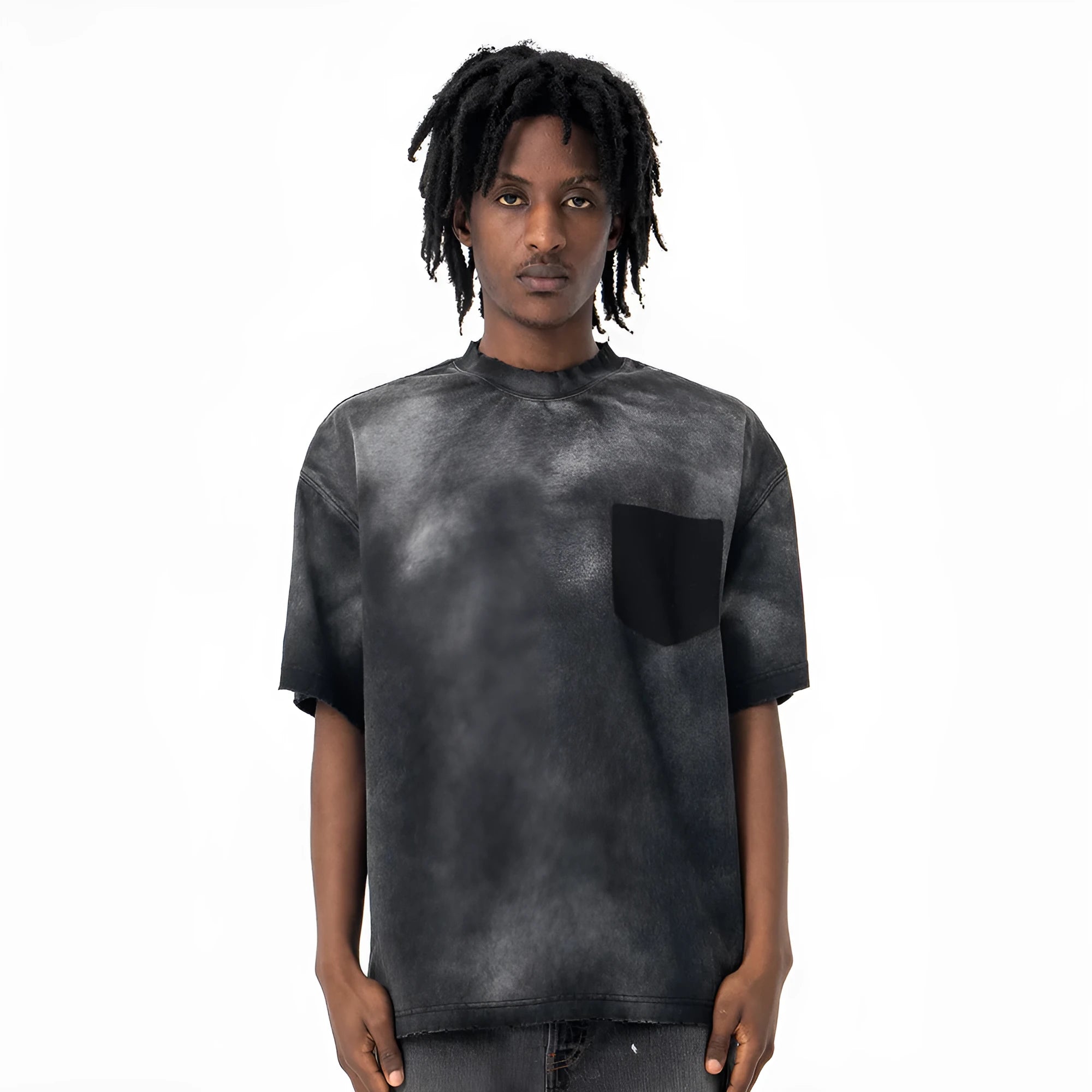 Men's black loose fit cotton t-shirt with printed letter pattern and short sleeves