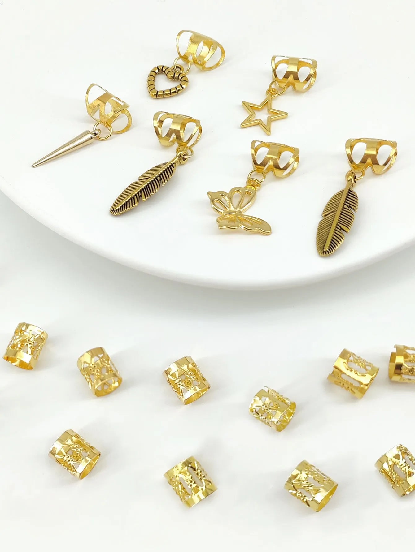 26-piece pack of antique style dirty braid hair rings in electroplated gold or silver alloy