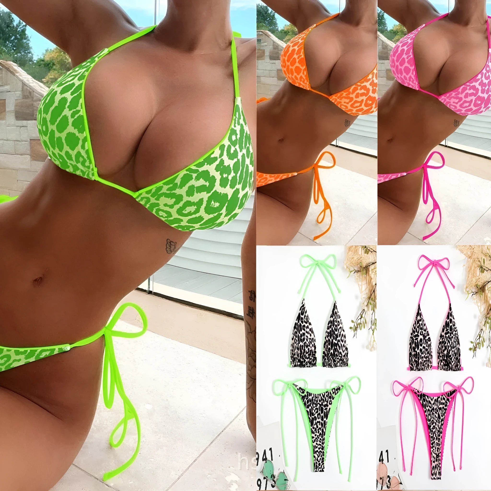 Women's lace-up triangle bikini top with split bottoms in various colours and styles.
