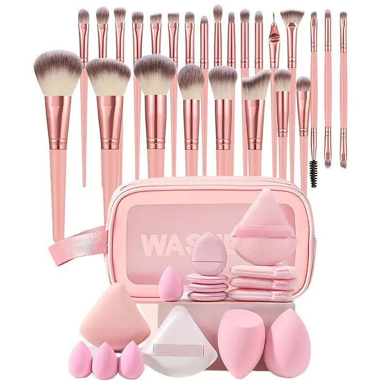 Beauty tools set with hydrophilic non-latex construction in brown, pink, and purple colours