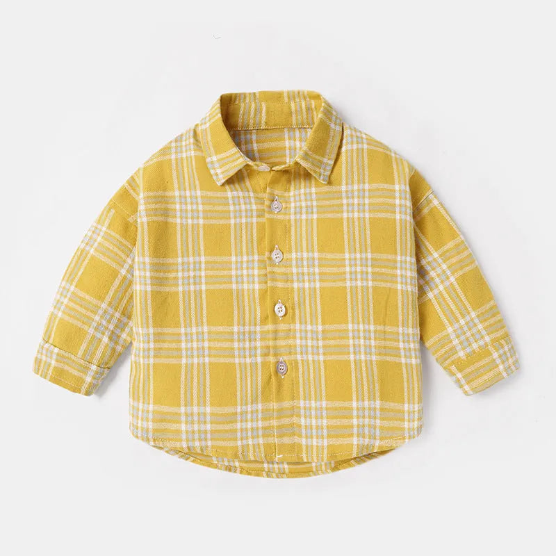 Boy's cotton lattice pattern shirt with long sleeves in khaki colour
