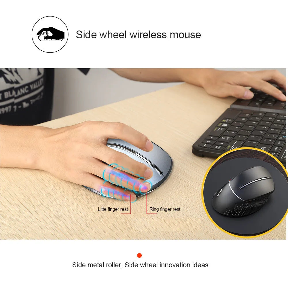 T32 Wireless Vertical Ergonomic Mouse in black or silver with aluminium side roller.