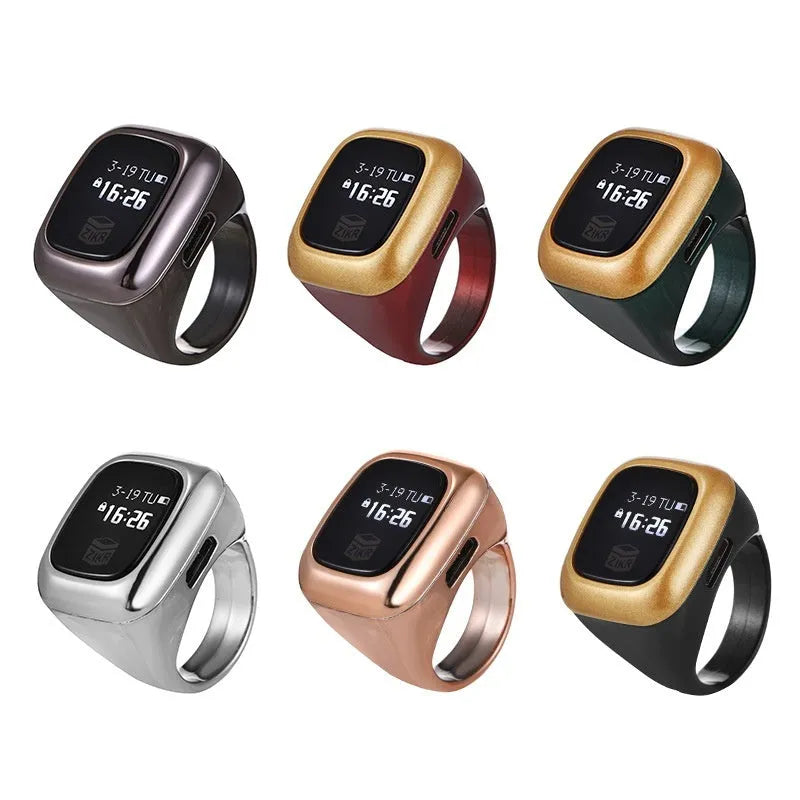 Al-Fatiha electronic Zikr counter on wrist in rose gold colour with digital display showing a count.