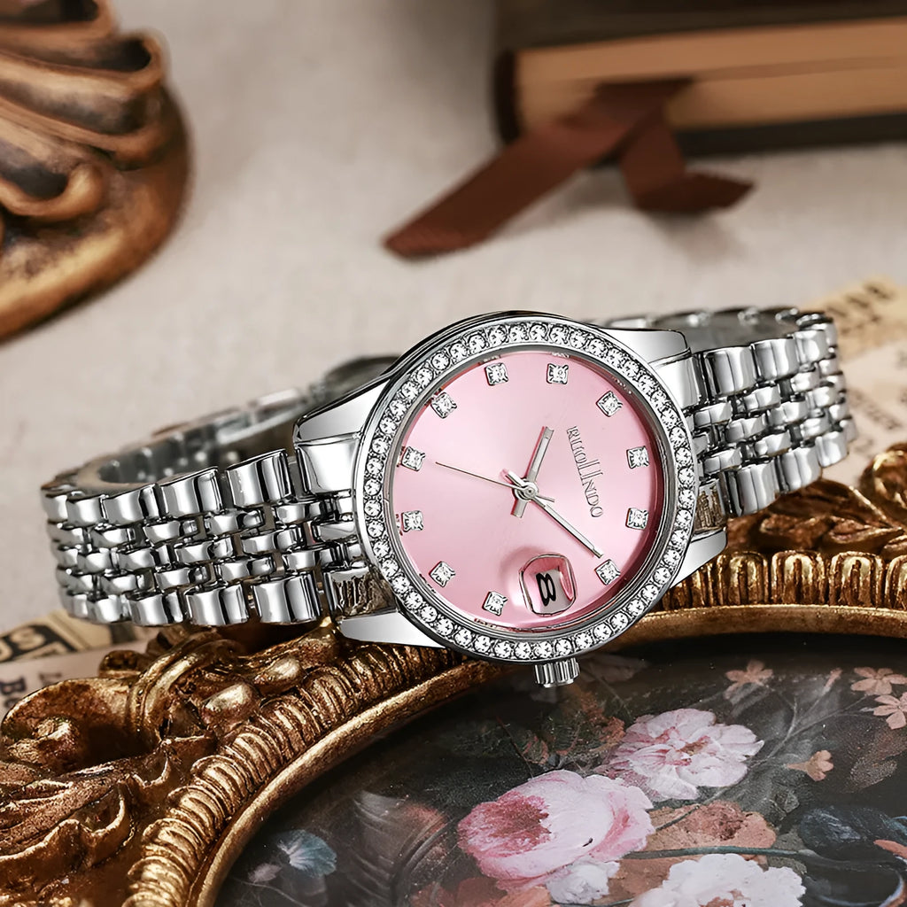 Women's calendar watch with 32mm alloy case in silver, pink, light blue, or green colour