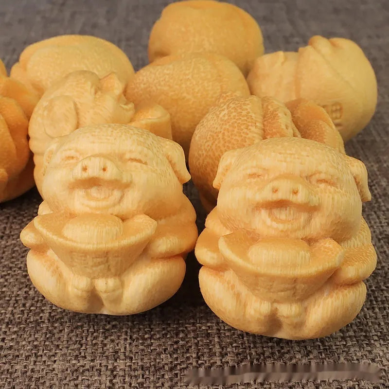 Solid bamboo carving ornament of ingot pig figure with 4cm height and 3.5cm diameter
