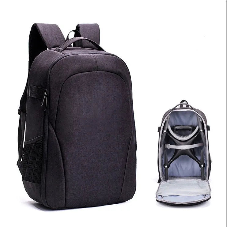 Black waterproof Oxford cloth drone backpack with multiple internal compartments for equipment organisation